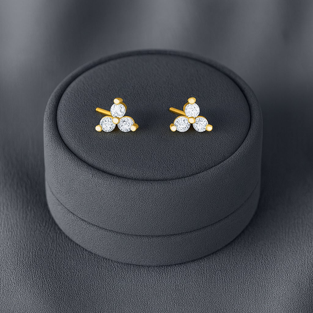 Triple Stone Cluster Stud Earrings - Sterling Silver Yellow Plated