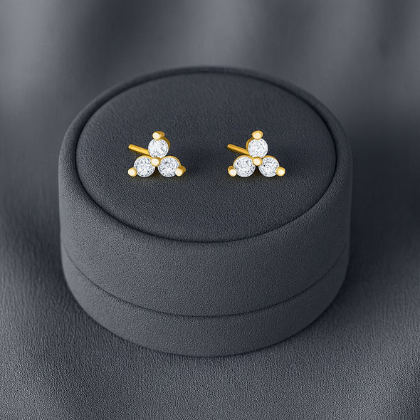 Triple Stone Cluster Stud Earrings - Sterling Silver Yellow Plated