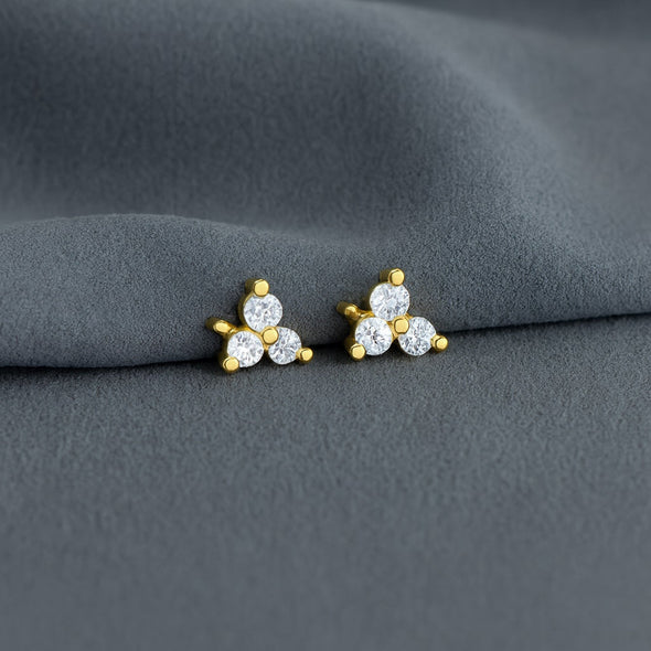 Triple Stone Cluster Stud Earrings - Sterling Silver Yellow Plated
