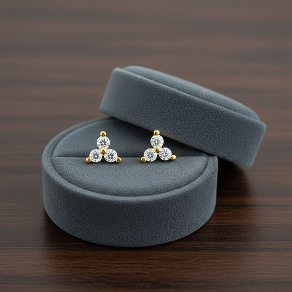 Triple Stone Cluster Stud Earrings - Sterling Silver Yellow Plated