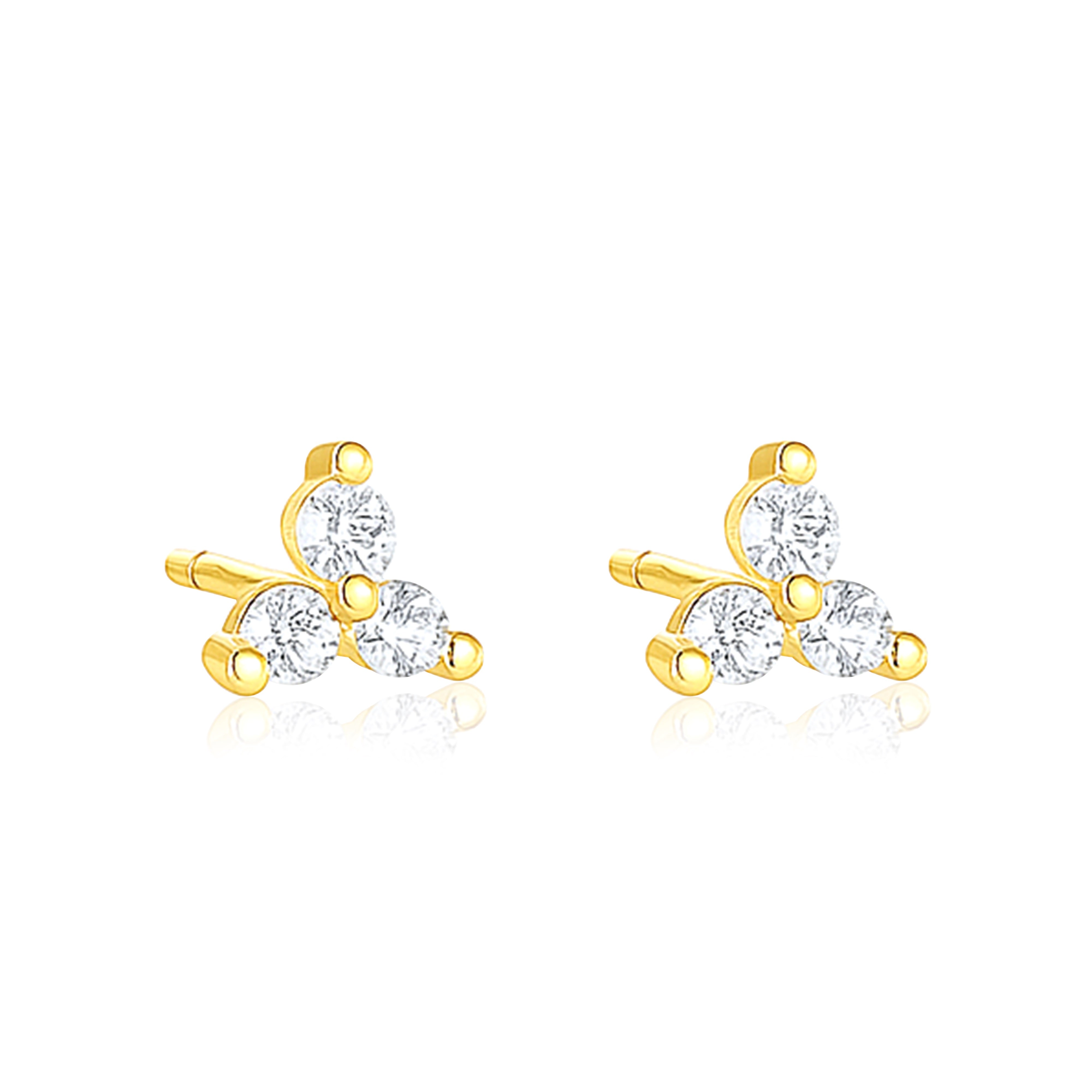 Triple Stone Cluster Stud Earrings - Sterling Silver Yellow Plated