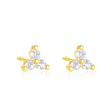 Triple Stone Cluster Stud Earrings - Sterling Silver Yellow Plated