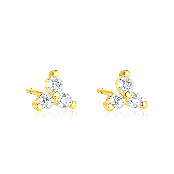 Triple Stone Cluster Stud Earrings - Sterling Silver Yellow Plated