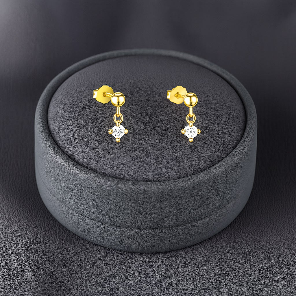 Minimal Dangling Solitaire Drop Stud Earring - Sterling Silver Yellow Plated