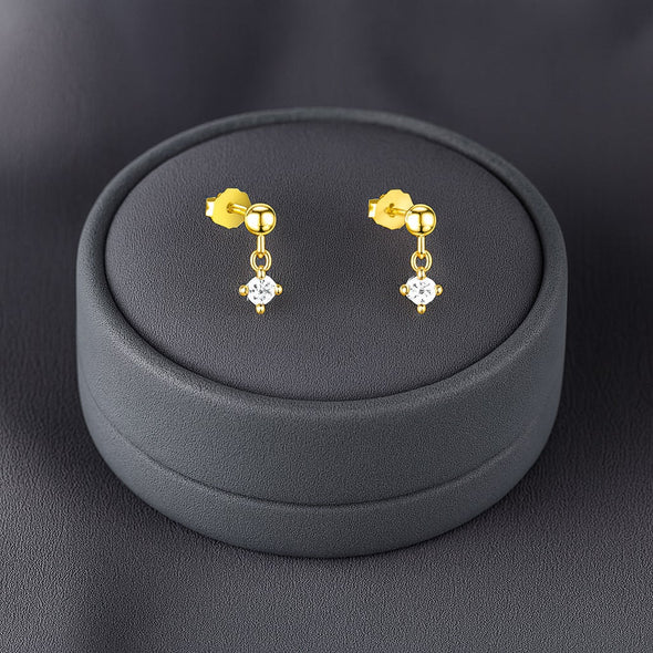 Minimal Dangling Solitaire Drop Stud Earring - Sterling Silver Yellow Plated