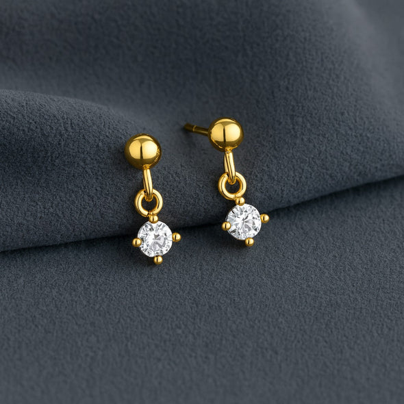 Minimal Dangling Solitaire Drop Stud Earring - Sterling Silver Yellow Plated