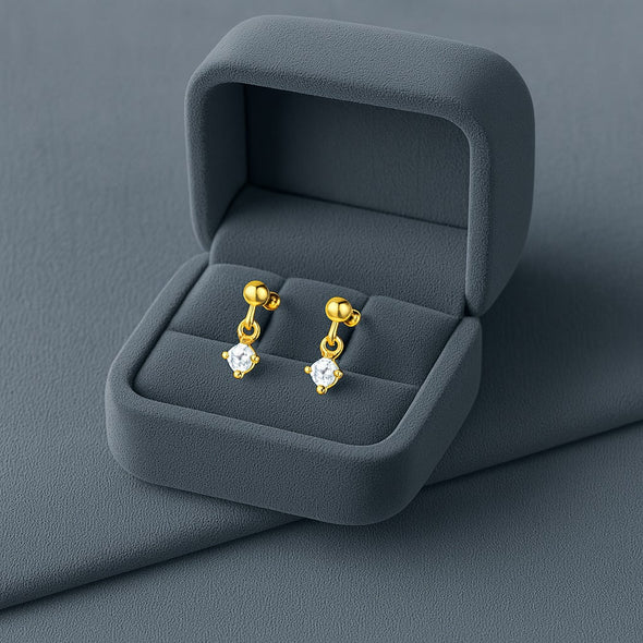 Minimal Dangling Solitaire Drop Stud Earring - Sterling Silver Yellow Plated