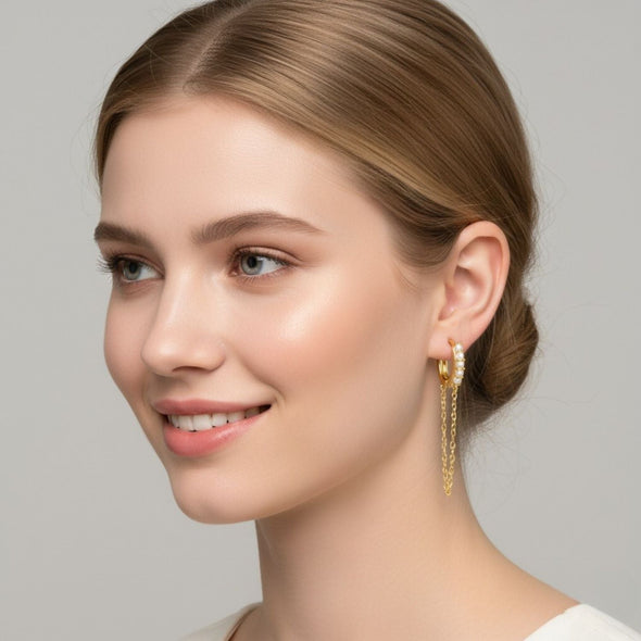 Dual Dangle Pearl Chain Huggie Hoop Earrings - Sterling Silver Yellow Plated