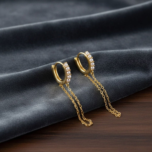 Dual Dangle Pearl Chain Huggie Hoop Earrings - Sterling Silver Yellow Plated