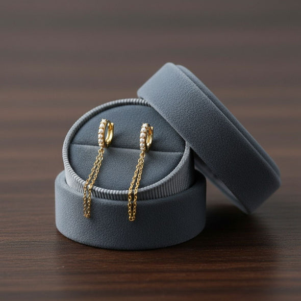 Dual Dangle Pearl Chain Huggie Hoop Earrings - Sterling Silver Yellow Plated