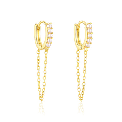 Dual Dangle Pearl Chain Huggie Hoop Earrings - Sterling Silver Yellow Plated