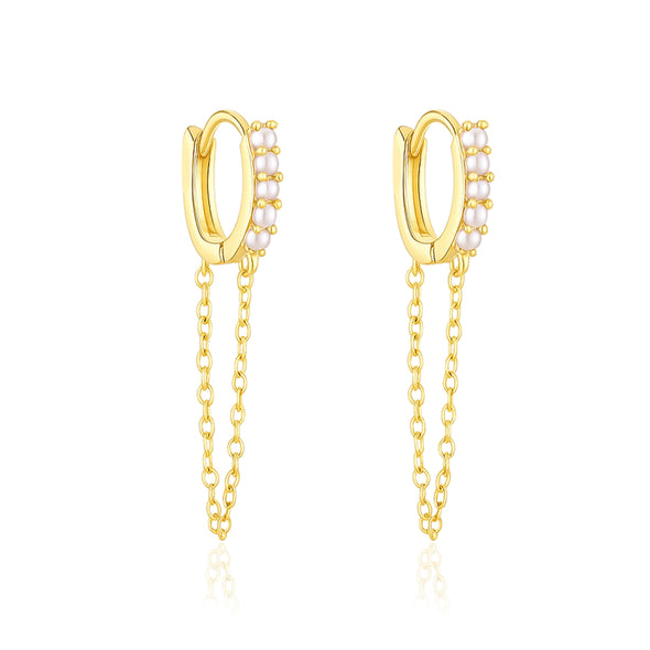 Dual Dangle Pearl Chain Huggie Hoop Earrings - Sterling Silver Yellow Plated
