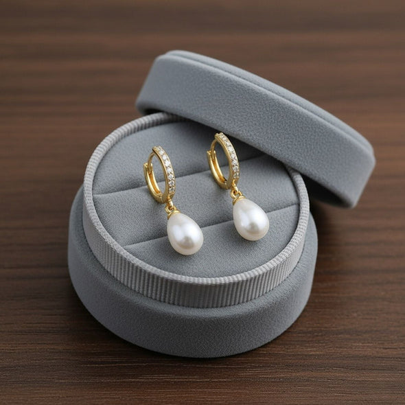 Pearl Drop Huggie Hoop Earrings - Sterling Silver Yellow Plated