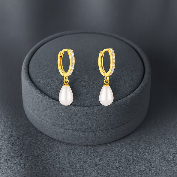 Pearl Drop Huggie Hoop Earrings - Sterling Silver Yellow Plated