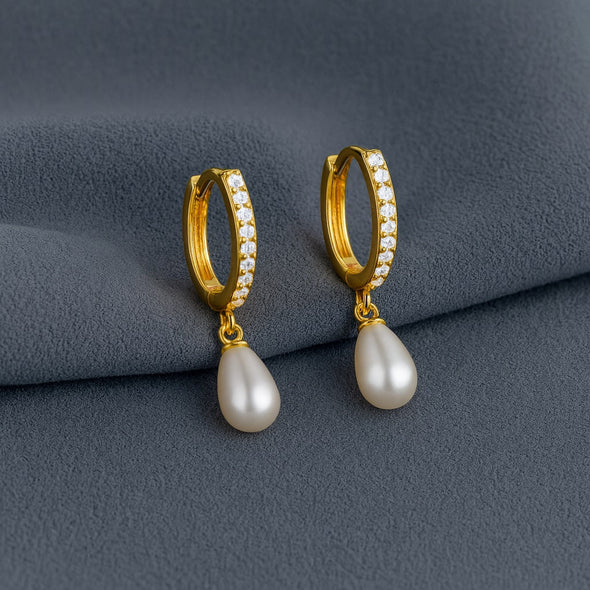 Pearl Drop Huggie Hoop Earrings - Sterling Silver Yellow Plated
