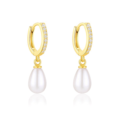 Pearl Drop Huggie Hoop Earrings - Sterling Silver Yellow Plated