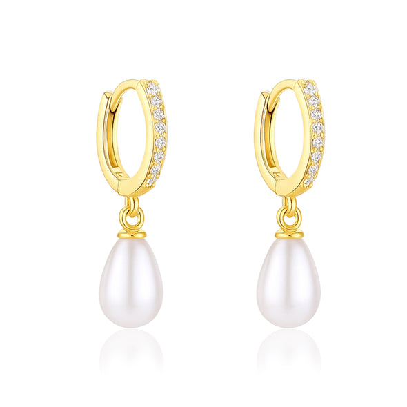 Pearl Drop Huggie Hoop Earrings - Sterling Silver Yellow Plated