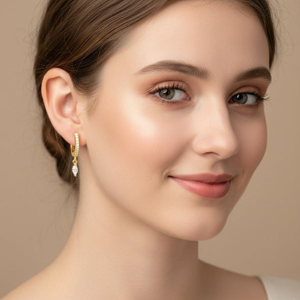 Marquise Drop Huggie Hoop Earrings - Sterling Silver Yellow Plated