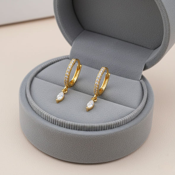 Marquise Drop Huggie Hoop Earrings - Sterling Silver Yellow Plated