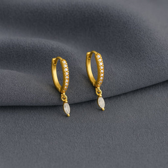 Marquise Drop Huggie Hoop Earrings - Sterling Silver Yellow Plated
