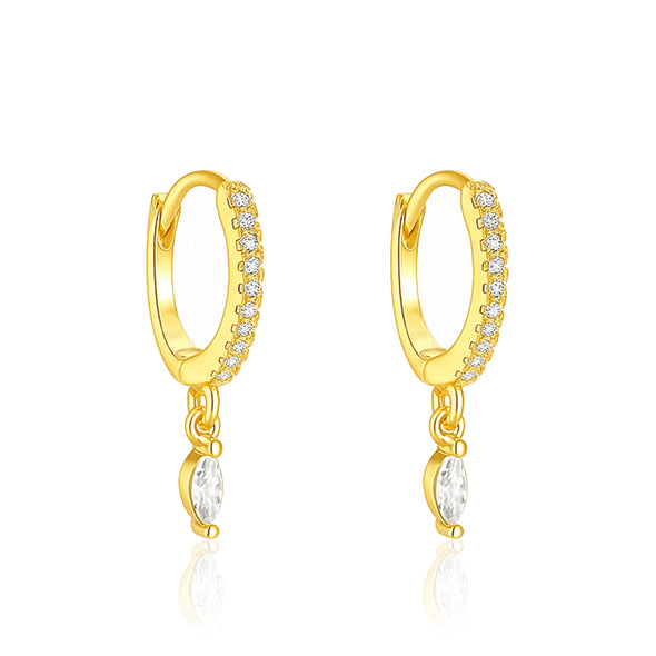 Marquise Drop Huggie Hoop Earrings - Sterling Silver Yellow Plated