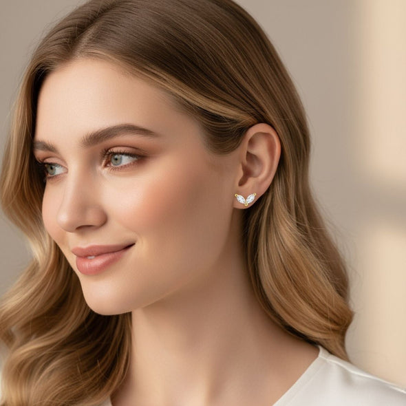 Minimal Double Leaf Stud Earrings - Sterling Silver Yellow Plated