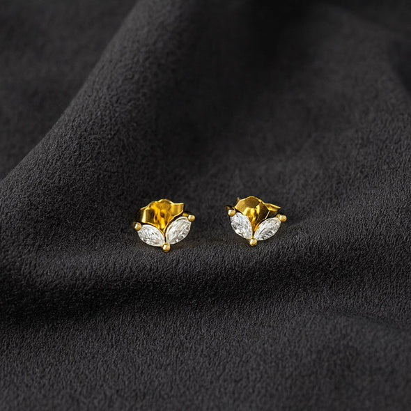 Minimal Double Leaf Stud Earrings - Sterling Silver Yellow Plated