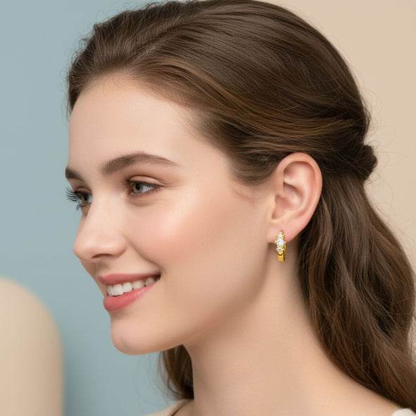 Triple Stone Huggie Hoop Earrings - Sterling Silver Yellow Plated