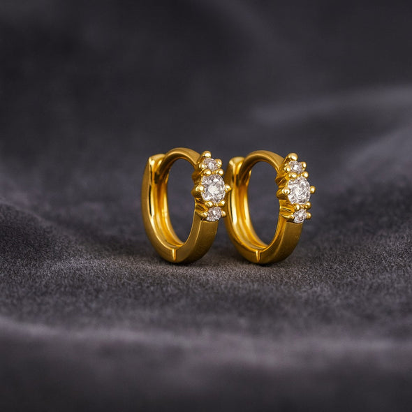 Triple Stone Huggie Hoop Earrings - Sterling Silver Yellow Plated