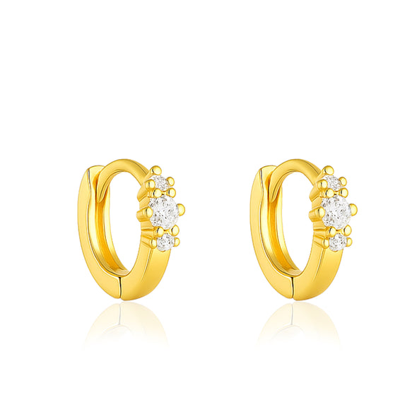 Triple Stone Huggie Hoop Earrings - Sterling Silver Yellow Plated