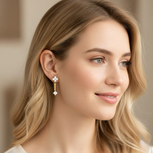 Double Floral Jacket Drop Earrings - Sterling Silver Yellow Plated