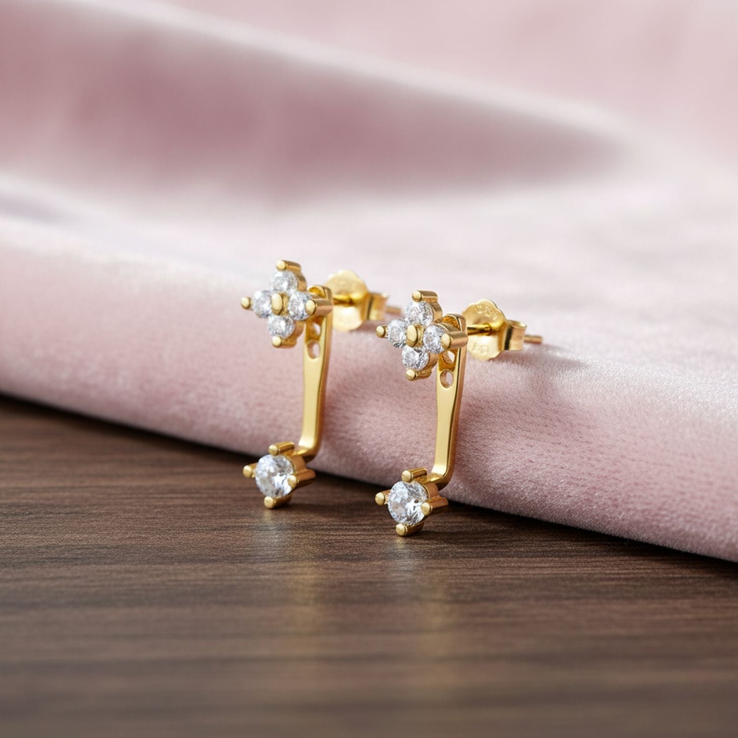 Double Floral Jacket Drop Earrings - Sterling Silver Yellow Plated