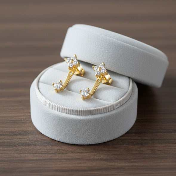 Double Floral Jacket Drop Earrings - Sterling Silver Yellow Plated