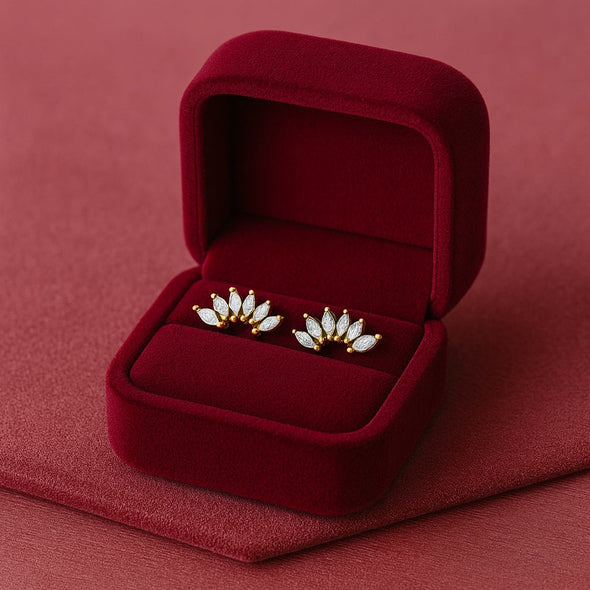 Marquise Fan Cluster Stud Earrings - Sterling Silver Yellow Plated