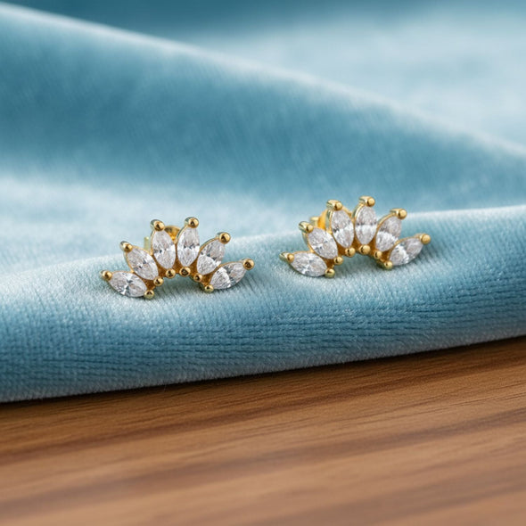 Marquise Fan Cluster Stud Earrings - Sterling Silver Yellow Plated