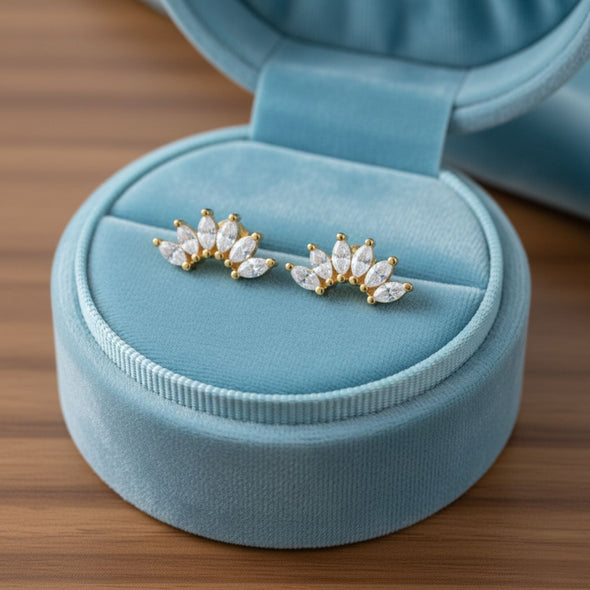 Marquise Fan Cluster Stud Earrings - Sterling Silver Yellow Plated