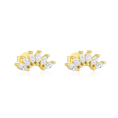 Marquise Fan Cluster Stud Earrings - Sterling Silver Yellow Plated