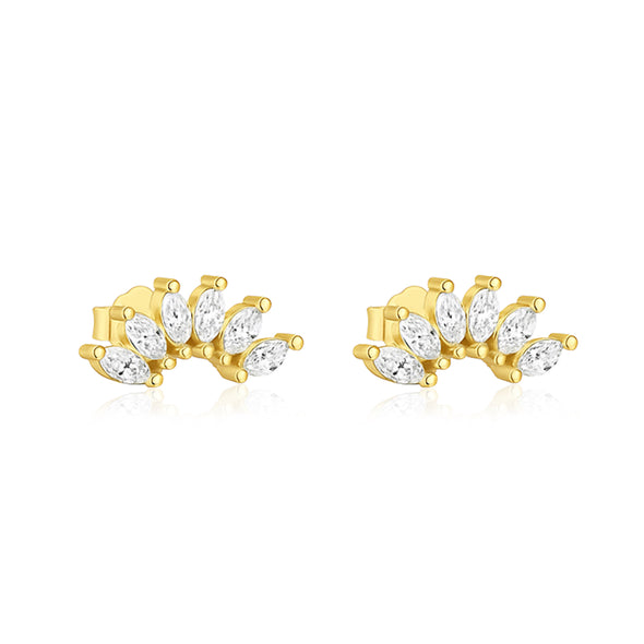 Marquise Fan Cluster Stud Earrings - Sterling Silver Yellow Plated