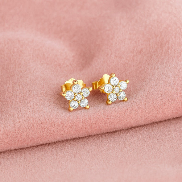 Classic Floral Cluster Stud Earrings - Sterling Silver Yellow Plated