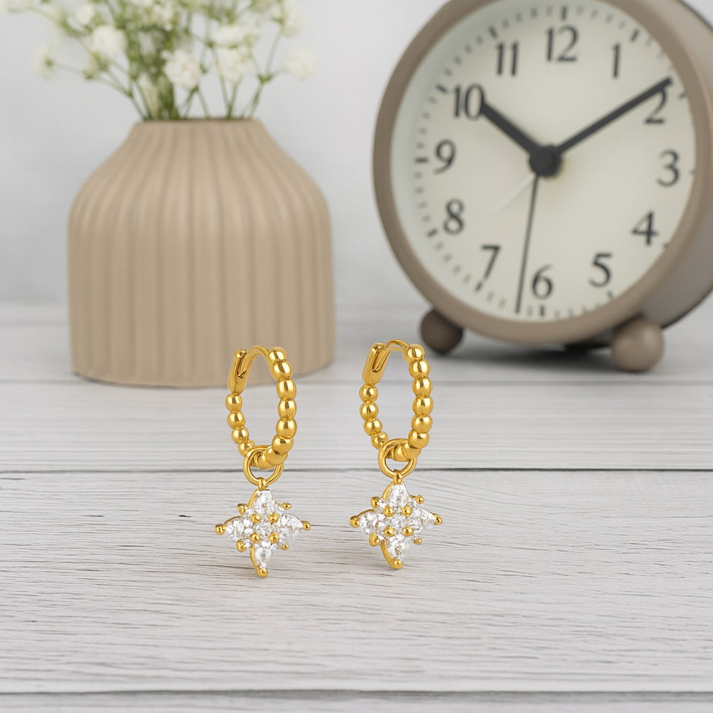 Beaded Star Drop Hoop Earrings – Sterling Silver Gold Plated