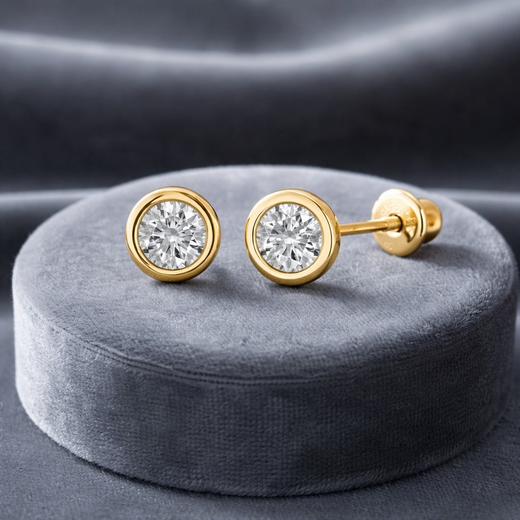 Round White CZ Stud Earrings - 925 Silver Gold Plated