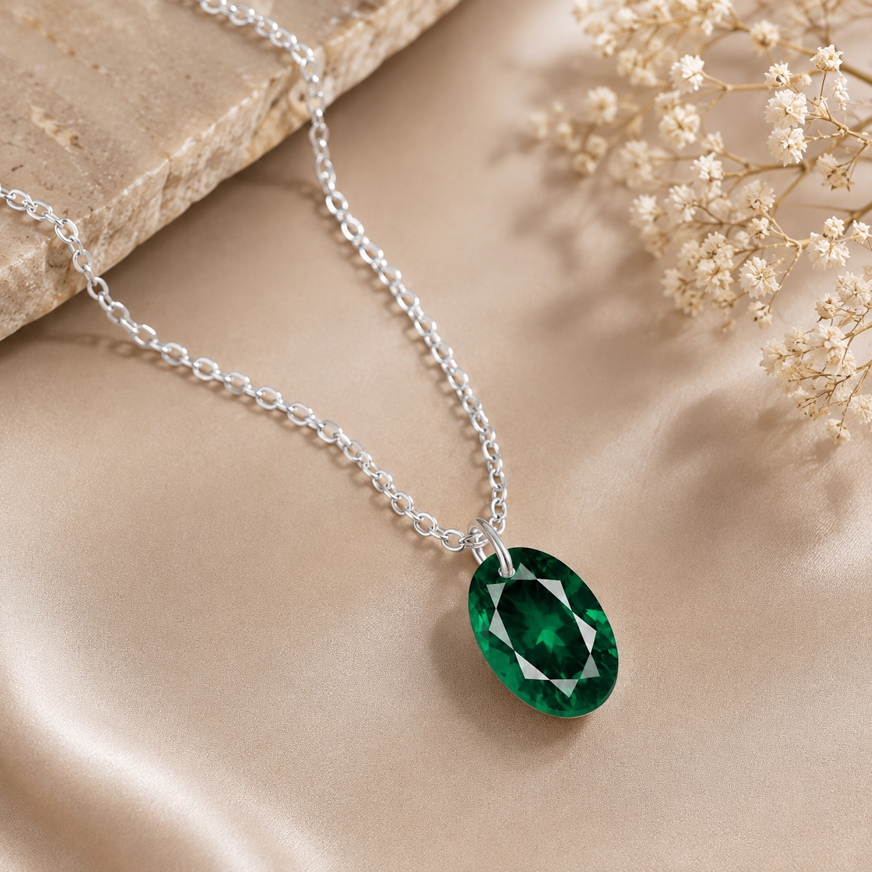 Oval Emerald Solitaire Necklace - 925 sterling Silver