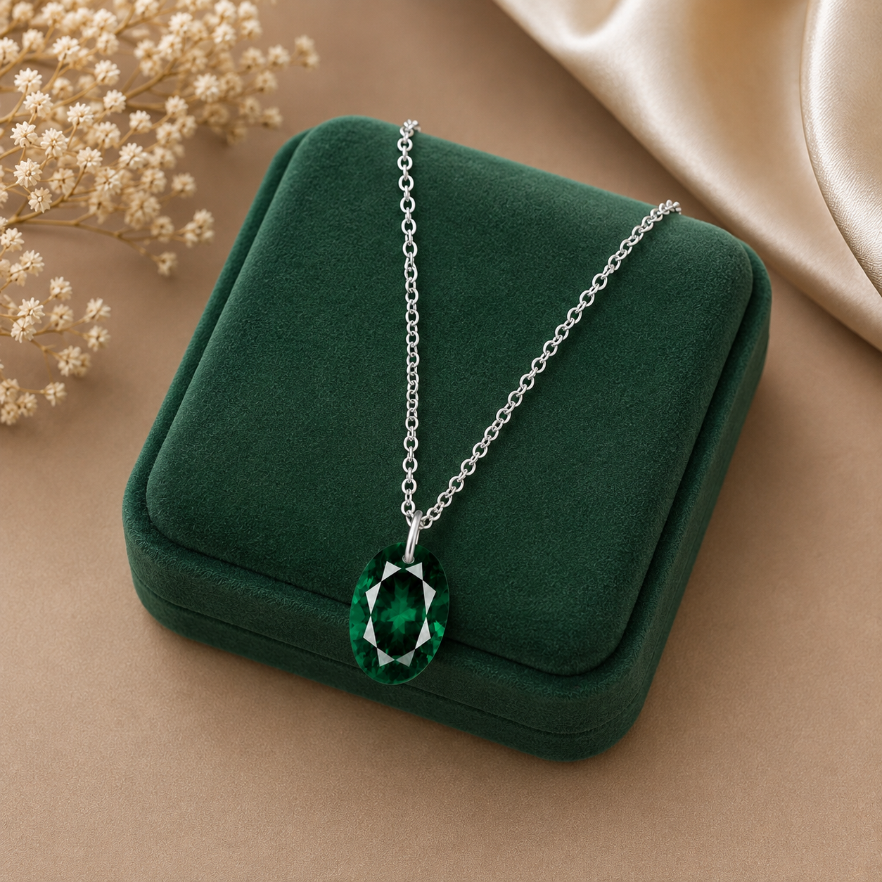 Oval Emerald Solitaire Necklace - 925 sterling Silver