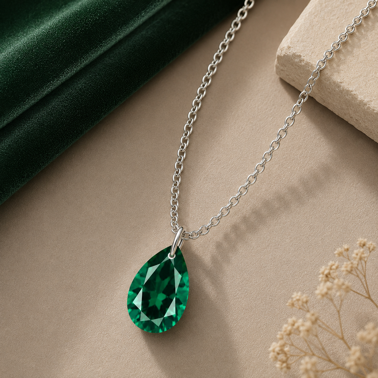 Pear Emerald Solitaire Necklace - 925 sterling Silver