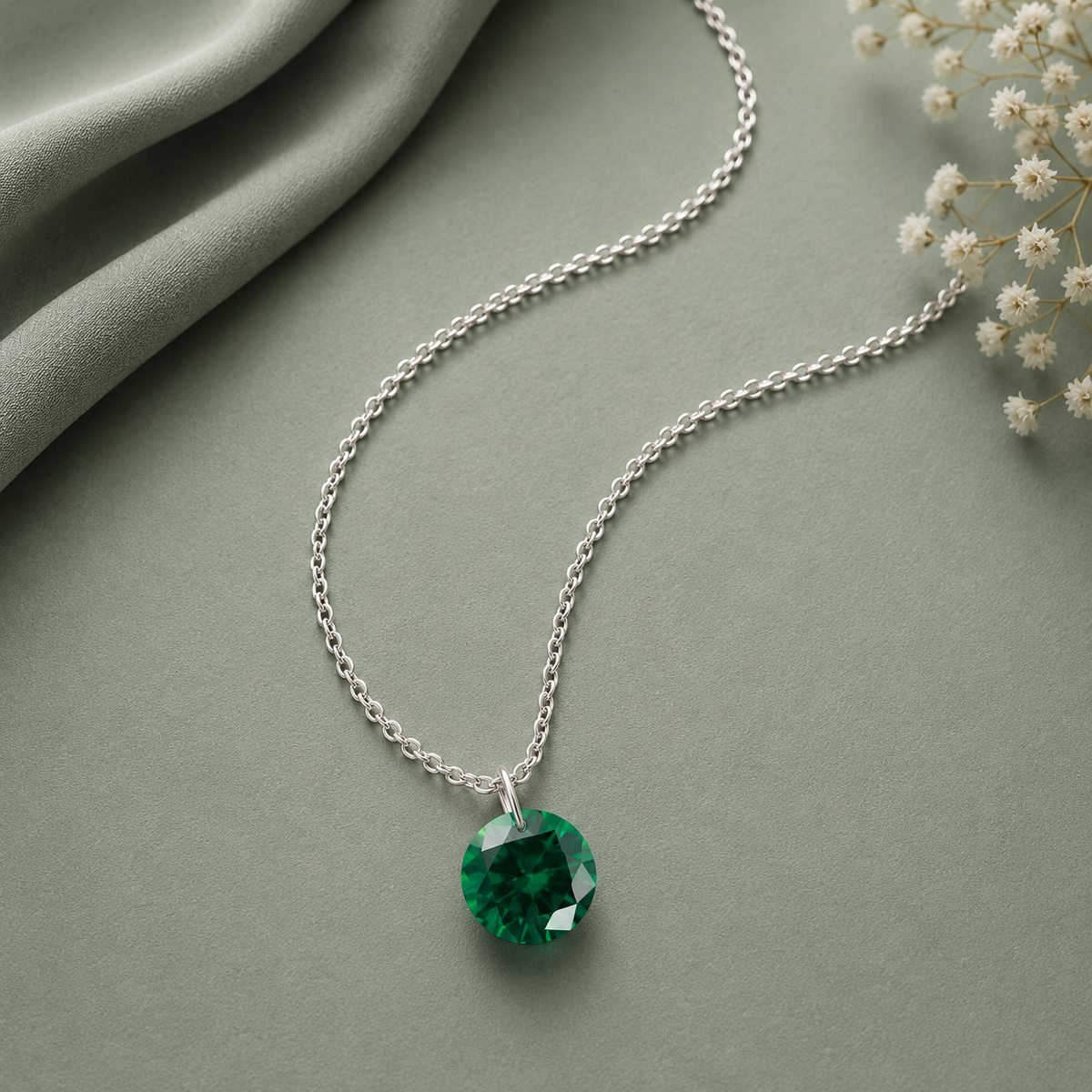Round Emerald Solitaire Necklace - 925 sterling Silver