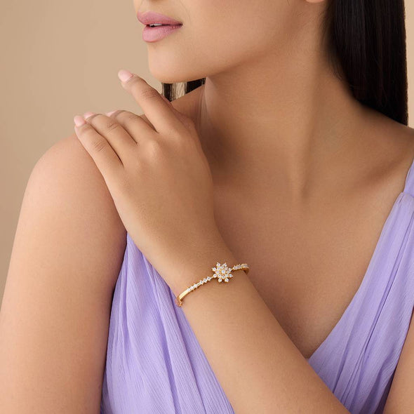 Floral Sparkle Diamond Bangle in Gold Finish – 925 Sterling Silver