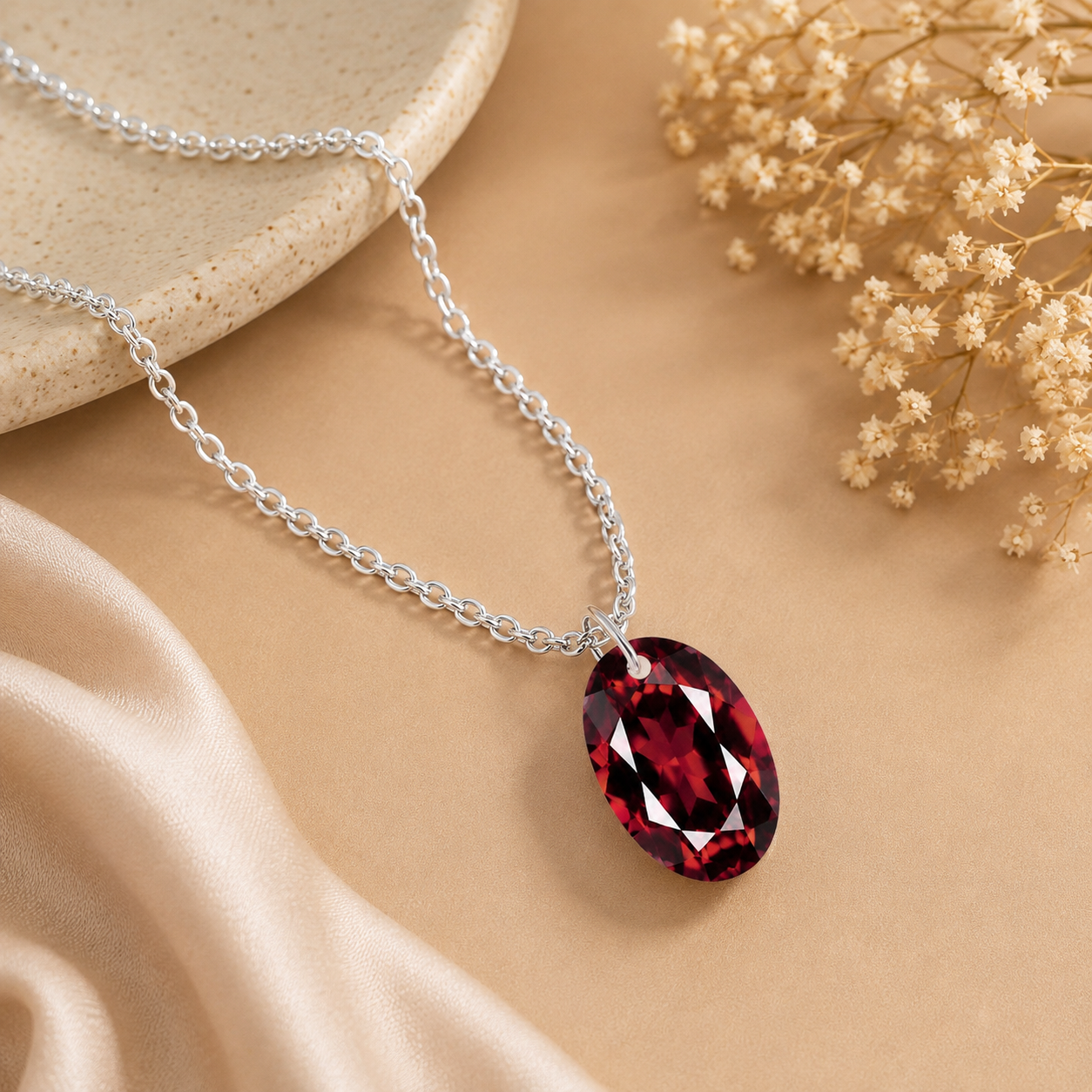 Oval Garnet Solitaire Necklace - 925 sterling Silver