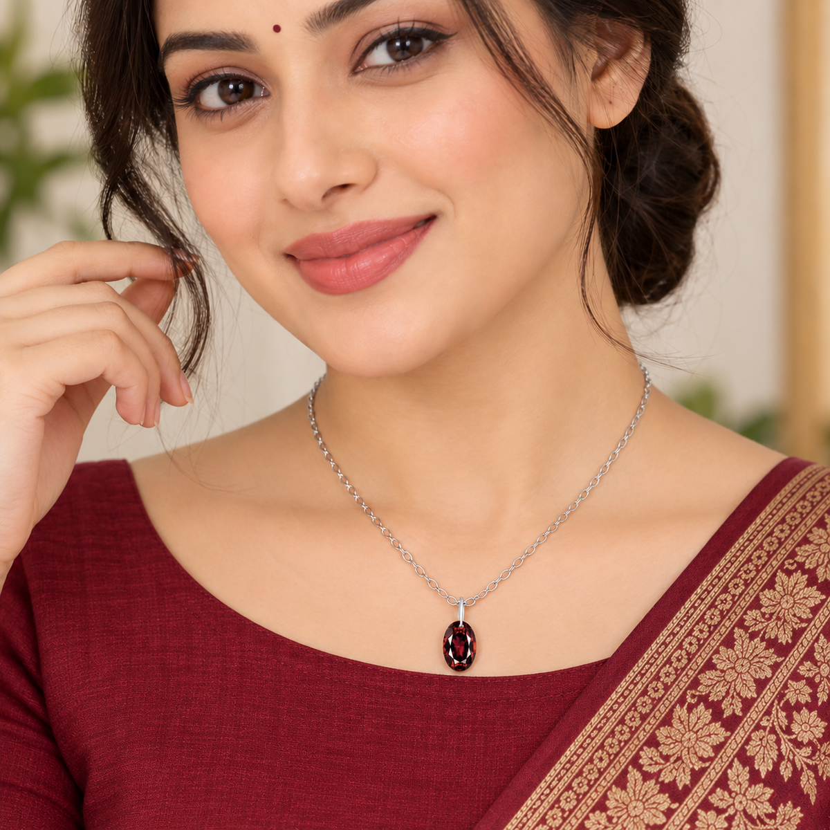 Oval Garnet Solitaire Necklace - 925 sterling Silver