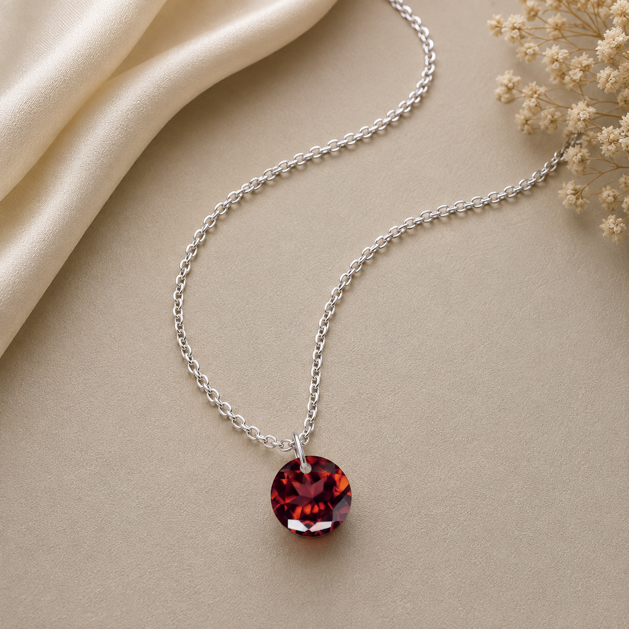 Round Garnet Solitaire Necklace - 925 sterling Silver
