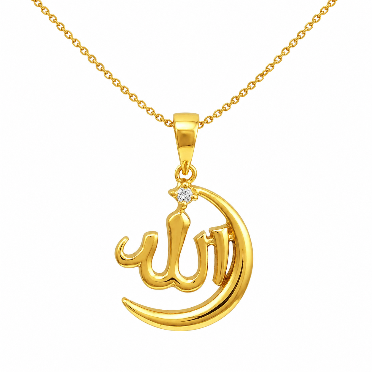 White CZ Allah Crescent Pendant - Sterling Silver